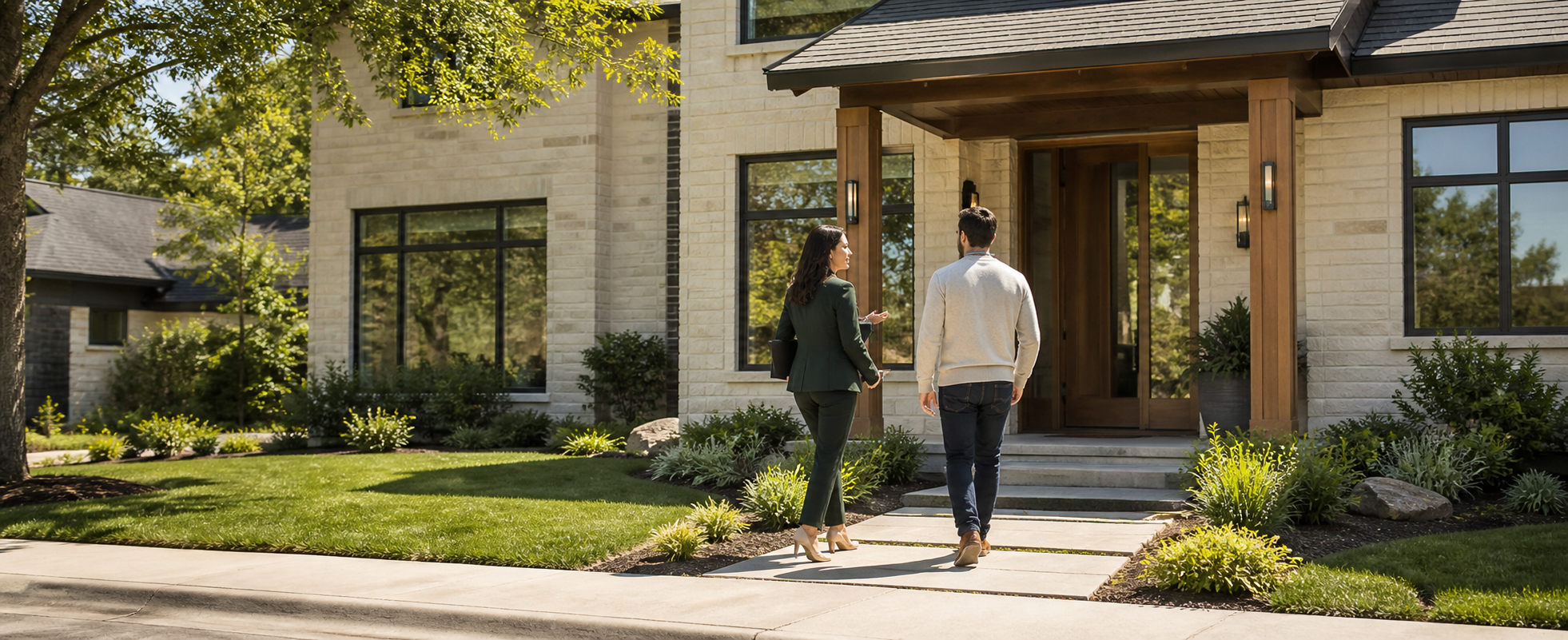 A real estate professional arriving to meet a client at a bright home