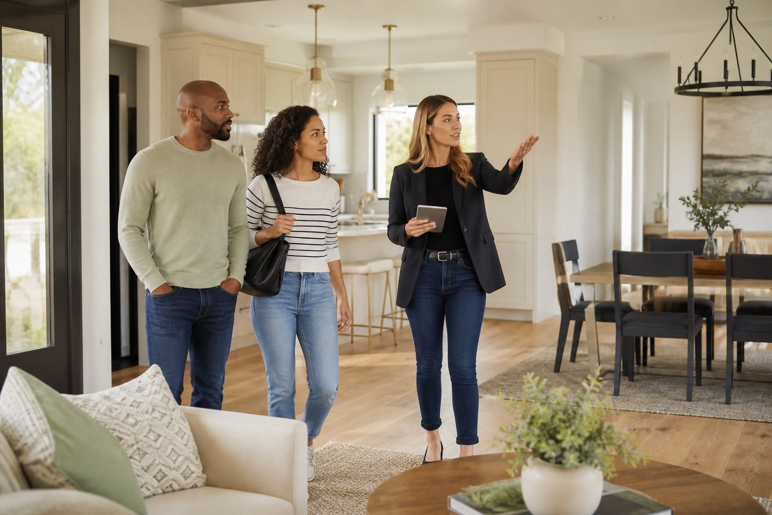 A realtor guiding clients through a bright family home